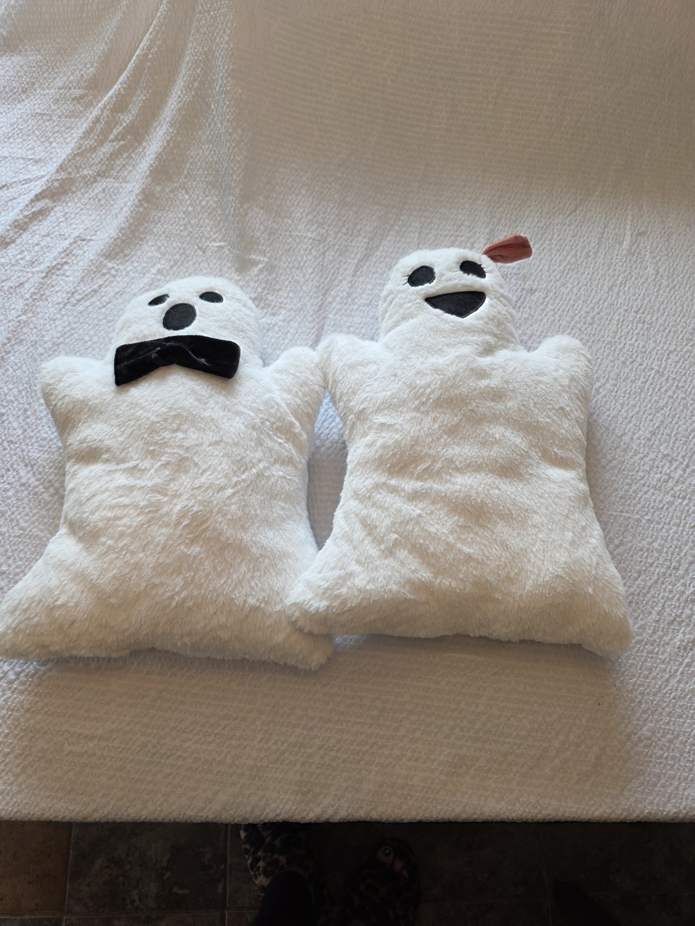 White Plush Ghost Accent Pillow Pair with Black Details